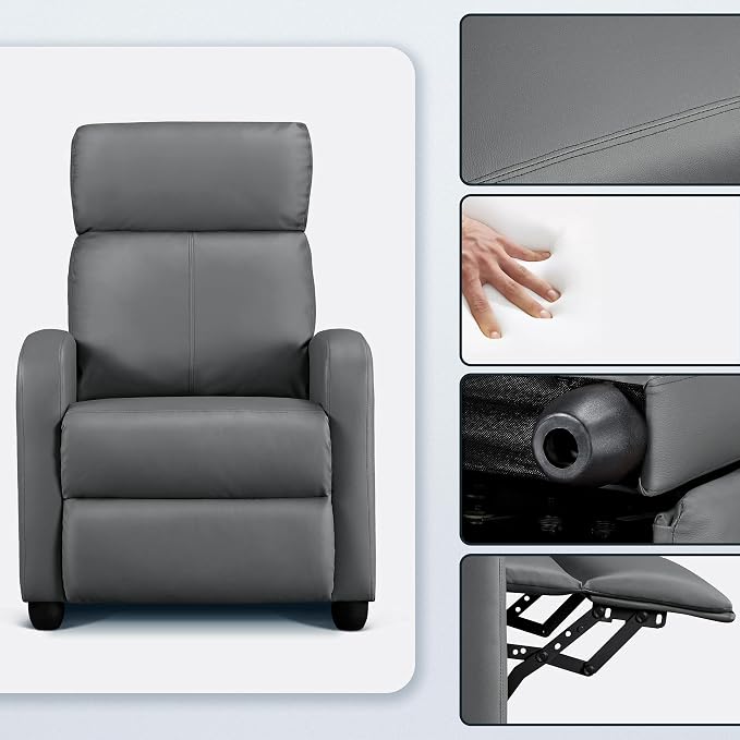 Topeakmart Single Recliner Chair PU Leather Recliner Sofa Padded Seat Club Chair for Living Room Home Theater Seating Silver Gray