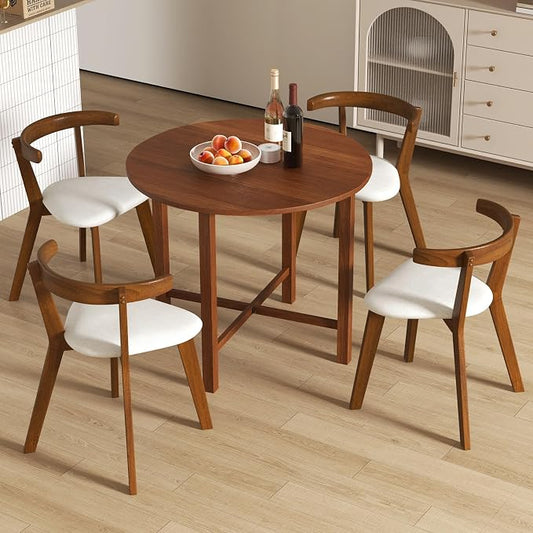 Giantex 36" Folding Dining Table for 2-4, Extendable Drop Leaf Kitchen Table with Solid Rubber Wood Frame, Space-Saving Round Dinner Table for Small Space, Living Dining Room, Dinette, Walnut