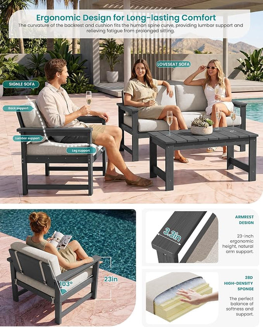 SERWALL 2 Pieces Single Cushioned Sofa Chair, Grey HDPE Outdoor Adirondack Lounge Armchair with Khaki Cushion