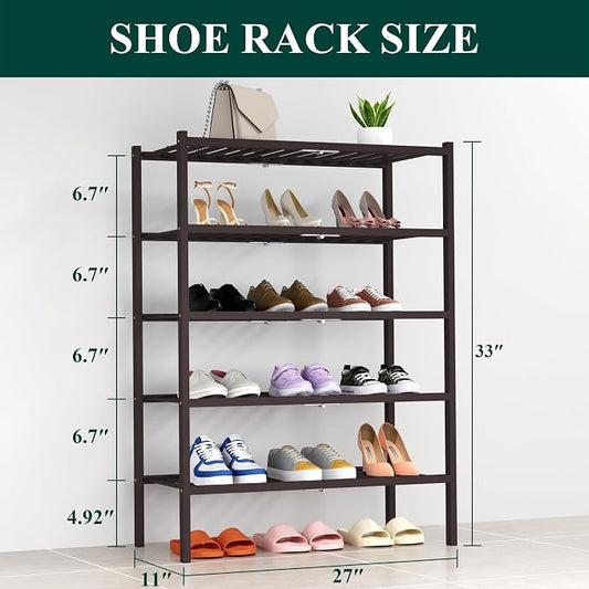 Smiry Bamboo Shoe Rack, 5 Tier Free Standing Wooden Shoe Organizer, Stackable Wood Shoe Storage Shelf for Closet, Entryway, 14 Vertical Slats, 2+2+1 Stack Heavy-Duty Legs, 26.8"x11"x32.5", Brown
