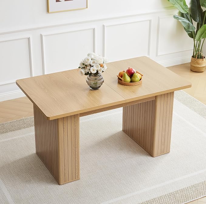55 in–71 in Extendable Rectangular Dining Table for 4–6, Modern Farmhouse Expandable Kitchen Table with Carved Line Base, Wooden Dinner Table for Kitchen Living Room Home Office (Natural)