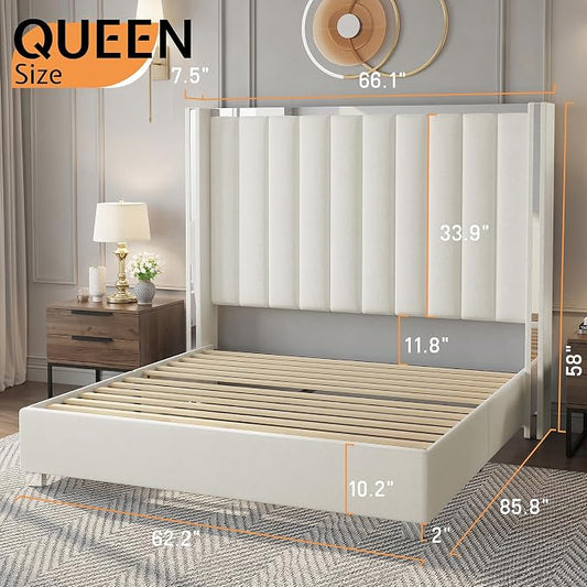 Jocisland Queen Size Bed Frame with 58" Tall Headboard, Platform Velvet Upholstered Bed with Channel Tufted Wingback Headboard and Plating Trim, No Box Spring Needed, White Cream