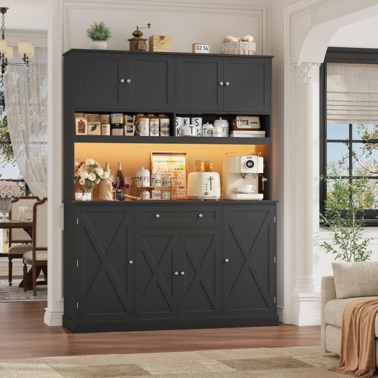 HIFIT 72.8” LED Kitchen Pantry Cabinet with Charging Station, 55” Wide Farmhouse Pantry Cabinet with Microwave Stand&Shelves&Swing-Out Door, Kitchen Hutch Coffee Bar for Living Room, Black