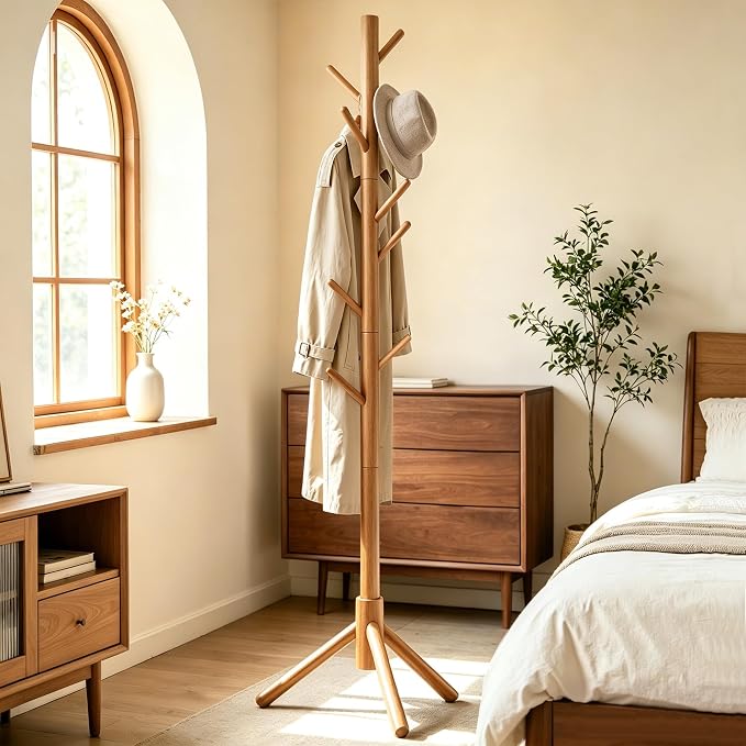 2 PC Wooden Coat Rack Freestanding with 8 Hooks & 3 Adjustable Sizes for Clothes, Space-Saving Design for Bedroom Office Entrance Holds Hats Coats Scarves Bags