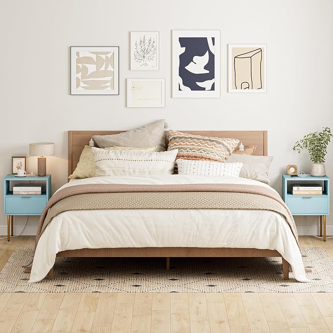Masupu Nightstand with Charging Station,Mid-Century Modern Bedside Table with Storage Drawer and Open Wood Shelf,Small Gold Frame Side Table for Bedroom,Living Room (Blue)