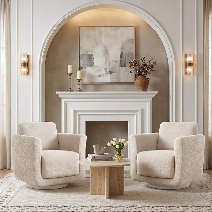 Swivel Accent Chairs Set of 2, Fully Assembled Barrel Chairs, Accent Chairs with Solid Wood Frame & Ergonomic Cushion, 360° Chenille Armchairs for Living Room & Bedroom, Linen
