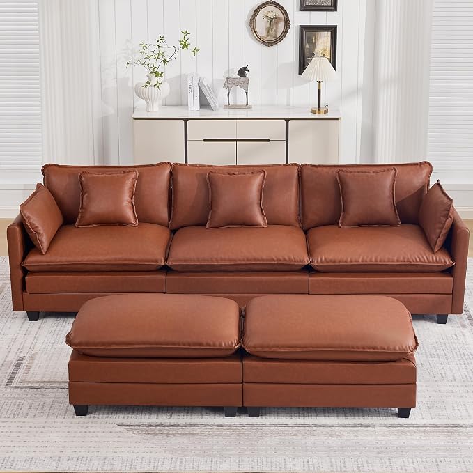 111'' Sectional Cloud Deep Seat Couch, Oversized Leather U Shaped Sectional Sofa for Living Room Set, Comfy Upholstered Modular 5-Seats Sectional Sofa Couch with 2 Movable Ottoman, Leather Brown