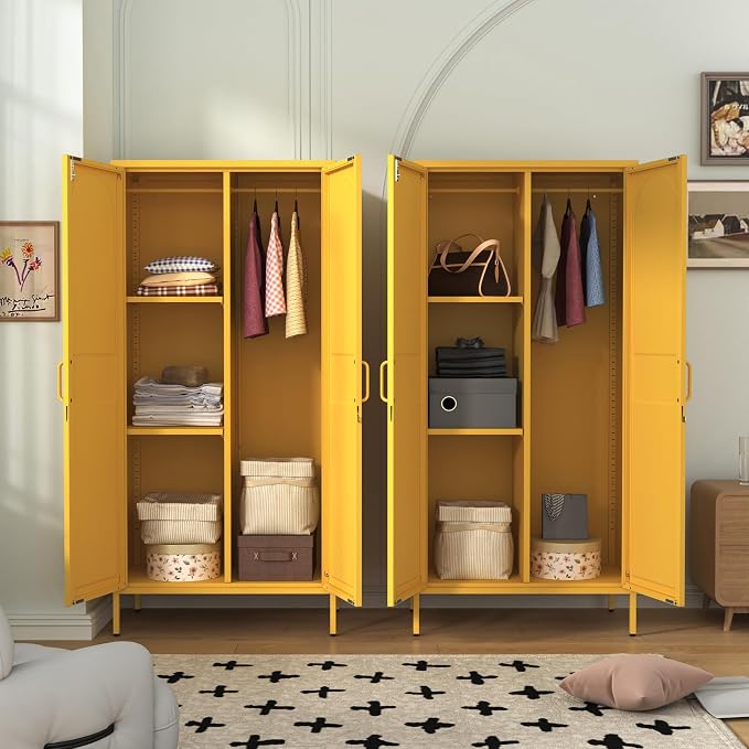 67" Industrial Lockable Metal 2-Door Wardrobe Storage Cabinet with Hanging Rod & Adjustable Shelves, Heavy Duty Multipurpose for Bedroom, Garage, Home Office, Yellow 67" H X 31.5" W X 18.1" D