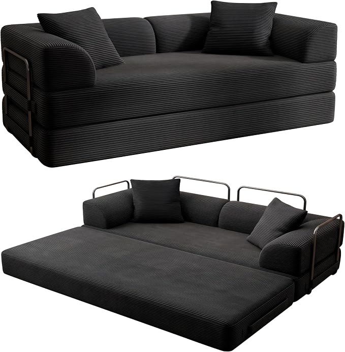 Cloud Boneless Convertible Sofa Bed, 5-in-1 Foldable Compressed High-Density Sponge Sofa, 70" Corduroy Fabric 2 Seater Sleeper Couch Futon Daybed for Living Room Bedroom (Black)