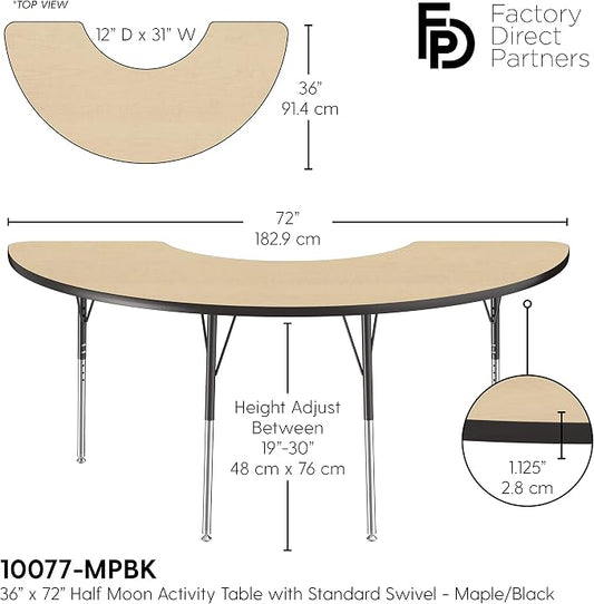 FDP Half Moon Activity School and Office Table (36 x 72 inch), Standard Legs with Swivel Glides for Collaborative Seating Environments, Adjustable Height 19-30 inches - Maple Top and Black Edge