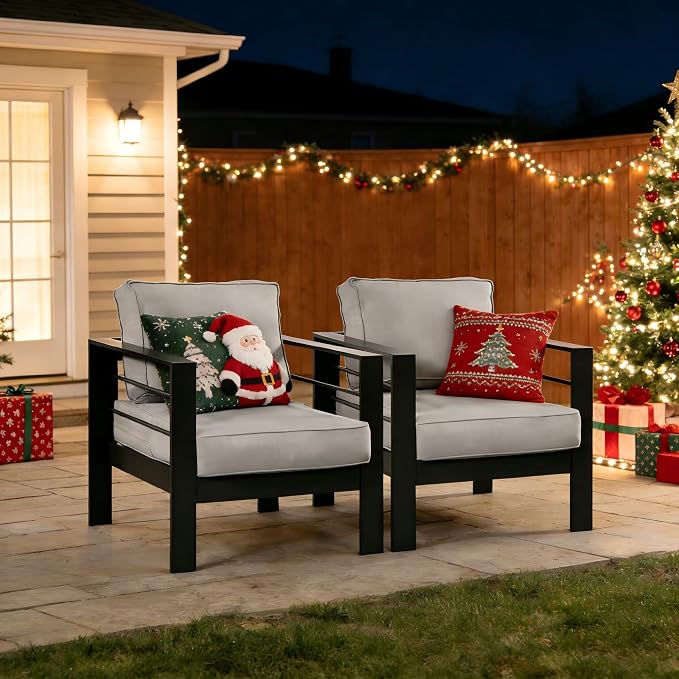 Kiss the Water 2 PCS Aluminum Outdoor Patio Sofa Set, All Weather Rust-Proof Metal Patio Couch, Modern Outdoor Furniture for Backyard Porch Garden, 5" Thick Waterproof Olefin Cushions, Light Grey
