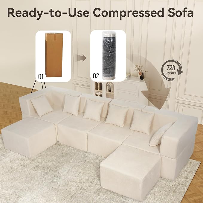 MONVANE 130'' Modular Sectional Cloud Couch for Living Room, 6 Seater Convertible Chenille Couches Set with Ottoman & Pillow, No Assembly Compression Sofas, Comfy Floor Sofa with Memory Foam, Beige