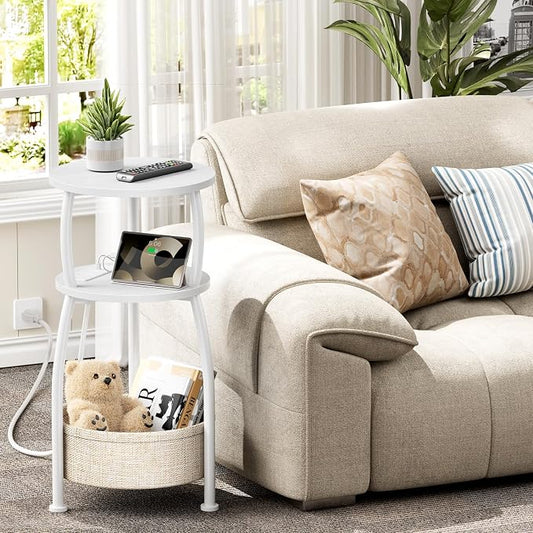 Round Side Table, 3-Tier End Table with Power Outlets, Small Table with Storage Basket, Coffee Table Sofa Side Table for Small Spaces, Nightstand for Living Room Bedroom, 11.81in, Matte White