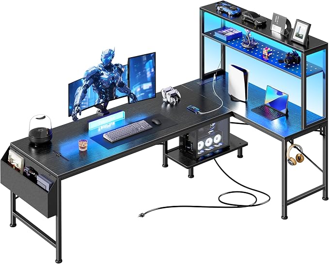 PRAISUN L Shaped Gaming Desk with LED Lights & Power Outlets, Reversible Computer Desk with Storage Shelves & Bag, Large Corner Home Office Desk with Pegboard for Work from Home, Black