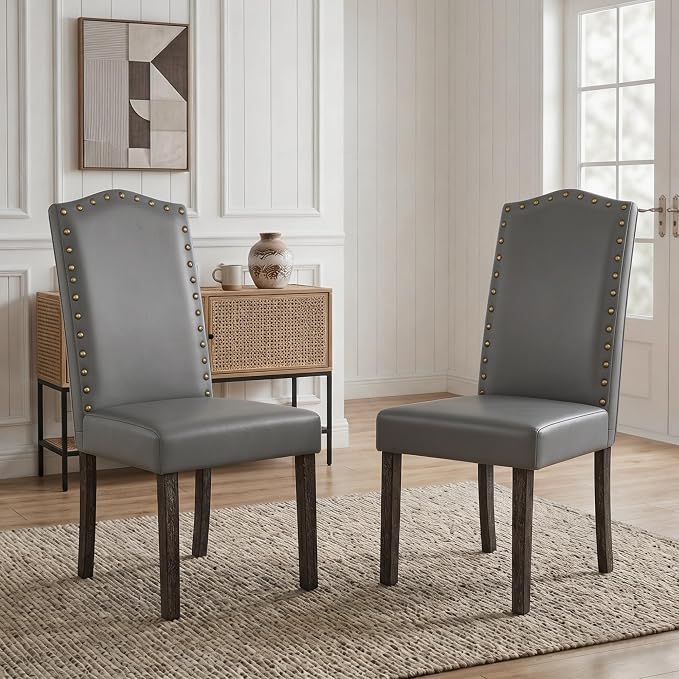 LSSBOUGHT Dining Chair Upholstered Parsons Kitchen Chair with Copper Nails and Solid Wood Legs (Gray-pu, Set of 6)