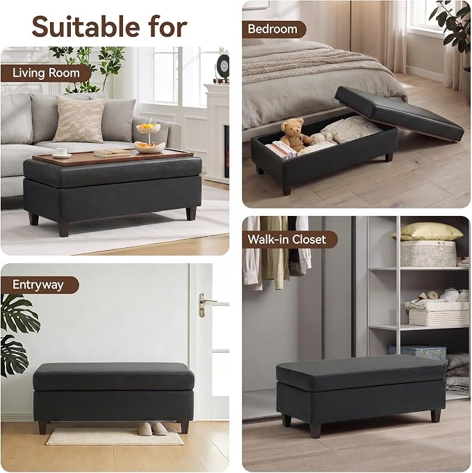 WUTUTUEE 45" Faux Leather Storage Ottoman Bench with Wooden Tray, Black Large Upholstered Foot Stool, Multifunctional Coffee Table Storage Bench with Solid Wood Legs for Living Room Bedroom Entryway