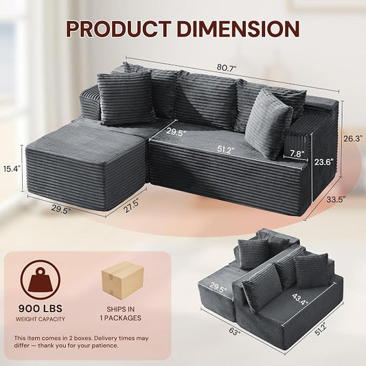 Korser Boneless Couches for Living Room, Cloud Couch Sectional with Ottoman, L-Shaped Sofa with Fluffy Comfy Corduroy Deep Seat, Bedroom, Apartment, No Assembly Required