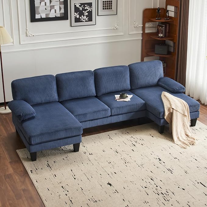 VINGLI 110" Sectional Couches for Living Room,U Shaped Couch with Double Chaise, 4-Seat Sofa Set with Corduroy Fabric for Home Furniture,Ocean Blue