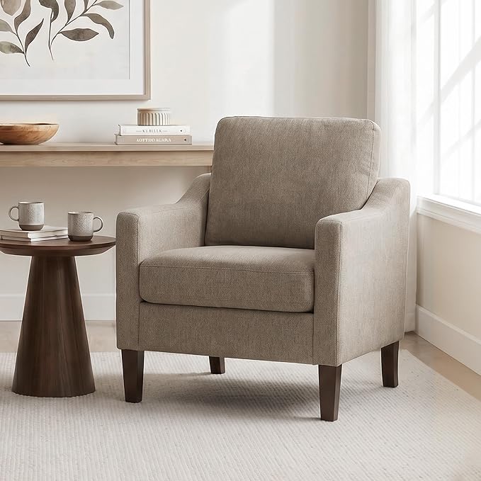 VKNOW Mid-Century Accent Chairs Set of 2, No Tools Assembly Required, Modern Upholstered Polyester Armchairs for Living Room & Bedroom, Comfortable Reading Chairs with Wood Legs, Brown