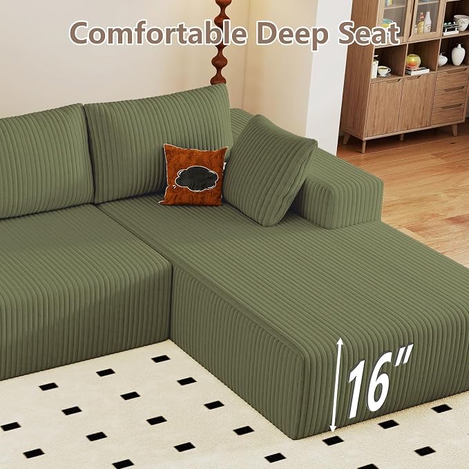 95" Cloud Sectional Couch with L-Shape Chaise, Modular Comfy Sofa Chaise Longue, Upholstered Corduroy Couches Sleeper with Deep Seat for Living Room Bedroom, No Assembly Required(Green, Right Facing)