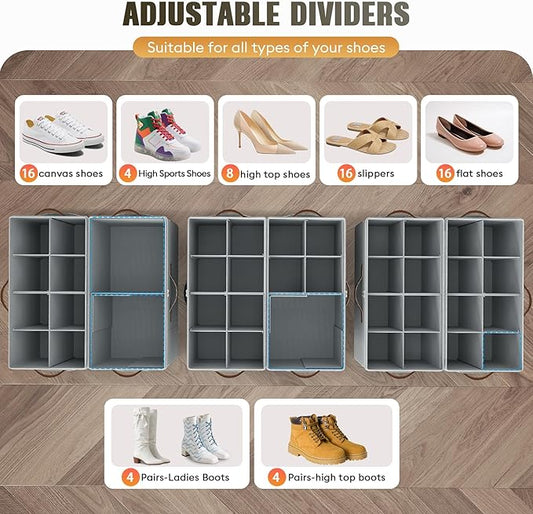 Budding Joy 2 Pack Shoe Organizer for Closet, Clear Foldable Shoe Storage Containers Adjustable Dividers Fits 16 Pairs,Shoe Storage Bins Baskets Boxes with Reinforced Handles Light Grey Greenish Grey | Farbic shoe storage organizer box bin with clear c...