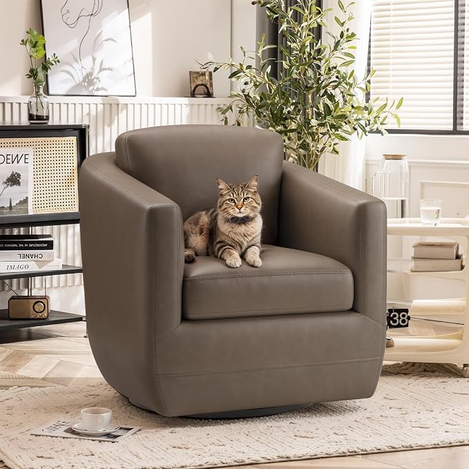 MALOL 360° Swivel Accent Chair- Comfy Living Room Armchair No-Sag Foam & Sturdy Metal Base with Pillow, Fully Assembled Swivel Accent Single Sofa for Bedroom, Office, Wolf Grey