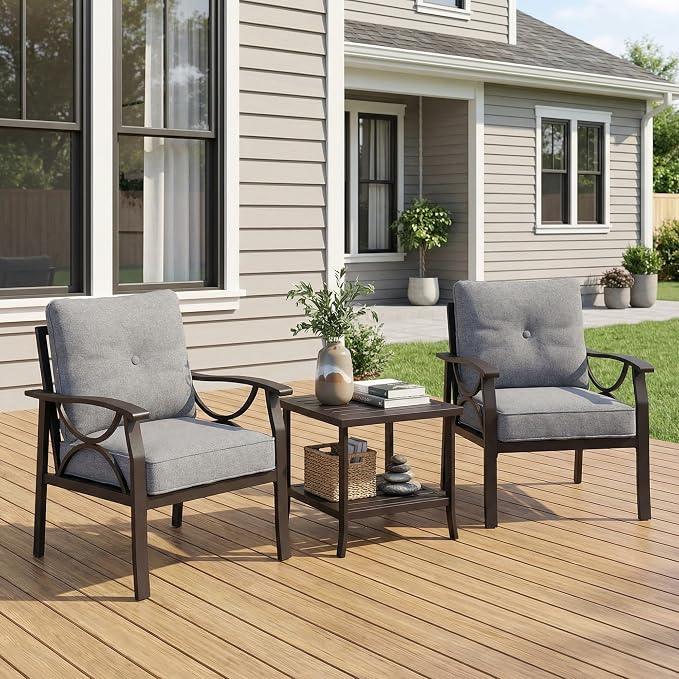 RoyalCraft Outdoor Patio Furniture Set, 3 Pieces Metal Patio Conversation Set with Side Table for Porch Garden Backyard, Grey