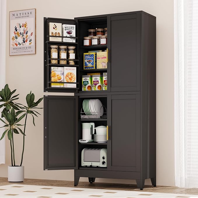 PAOFIN 75" H Metal Storage Cabinet, Pantry with 6 Door Shelves and 4 Adjustable Shelves, Leveling Foot for Kitchen, Living Room and Dinning Room, Black