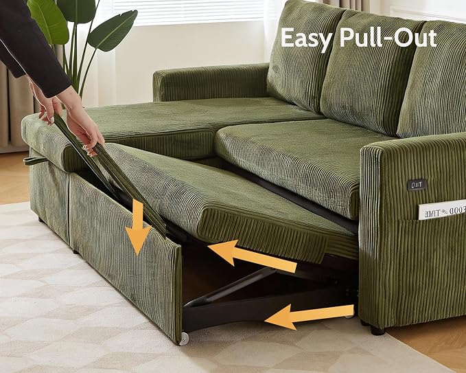 WEUP 82" L Shaped Sectional Sleeper Sofa Bed with Pull Out Bed, Sectional Sleeper Couch Pull Out Couch with Reclining Backrest/Reversible Storage Chaise/USB Ports/Tool-Free Assembly, Corduroy Green