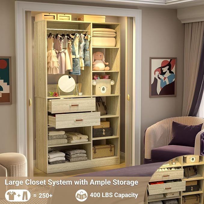 Armocity Freestanding Closet System, 40 Inches Stand-Alone Wardrobe with 10 Shelves, 80'' Height Adjustable Cloth Garment Rack with 2 Wood Drawers, Wood Walk-in Closet with Hanging Rod, White Oak