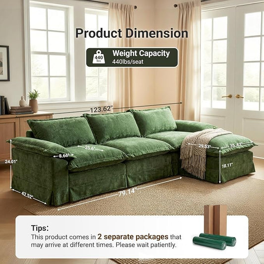 Claiks 123" Modular Boneless Couch, L Shaped Couch for Living Room, Modern Deep Seat Sofa 3 Seater Chenille Fabric Comfy Cloud Couches with Movable Ottoman, Dark Green