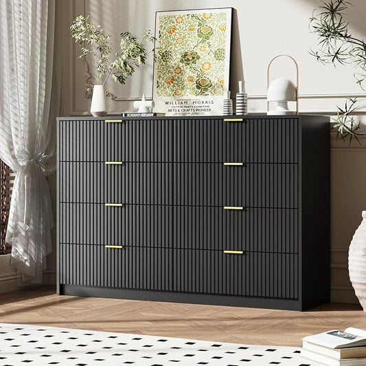 MAISONARIA 3-Piece Dresser Bedroom Set, 8 Drawer Dresser & 3 Drawer Nightstands with Gold Handles, Fluted Wood Chest of Drawers for Bedroom, Living Room, Entryway, Black