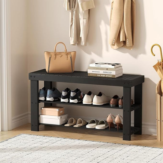 Sweetcrispy 3-Tier Shoe Rack Bench for Entryway, 35 Inches, Black | Bamboo Shoe Storage Bench, Shoes Rack for Entrance, Living Room, Balcony, 8 Pairs, 286lb Capacity