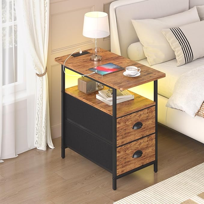 sthmec End Table with Charging Station, Narrow Side Table with 2 Drawers, LED Nightstands with Drawers, USB Ports&Power Oulets,Slim Sofa Side Tables for Small Spaces,Living Room,Bedroom,Rustic Brown