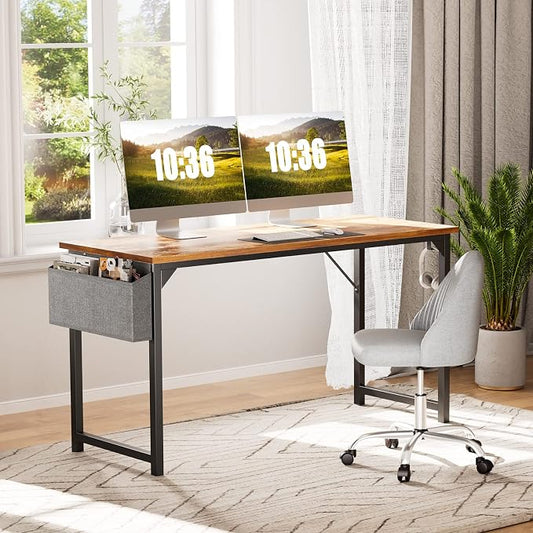 Sweetcrispy Computer Office Desk 55 Inch Student Study Writing Work with Metal Frame Wood Tabletop Modern Simple PC Home Bedroom Table, Rustic Brown, Compact Sturdy Desk for Laptop, Study, Gaming