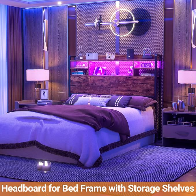 Aheaplus Headboard for Full Size Bed with Storage, Headboards with LED Light, Power Outlets, USB Ports Full Size Head Board, Wood headboard Only Sturdy and Stable Headboards, Modern, Rustic Brown