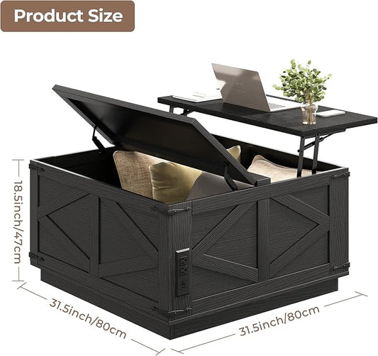 Jocoevol Farmhouse Lift Top Coffee Table, Square Wood Center Table with LED Lighting, USB-C Charging Station, and Hidden Storage Compartment - Rustic Black Living Room Furniture