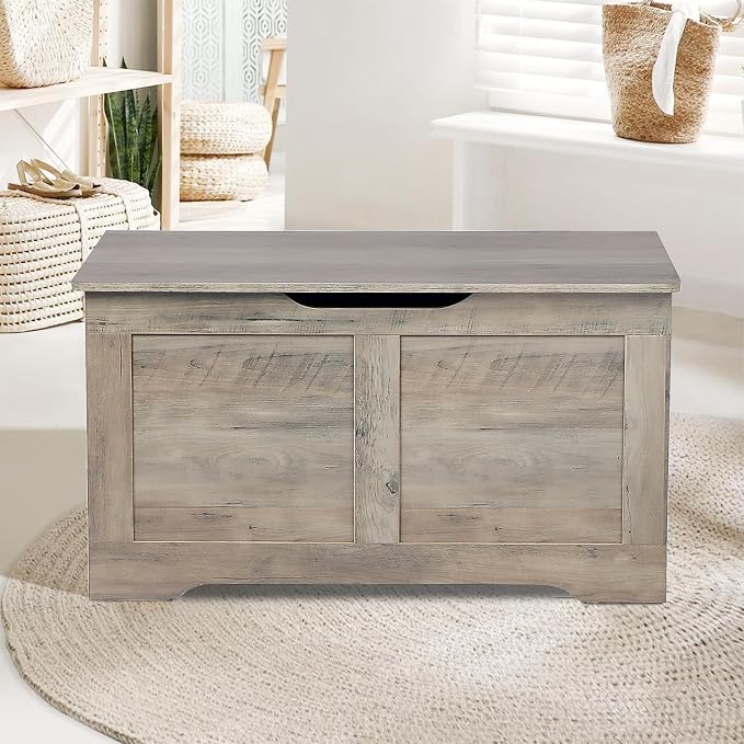 Timberer 31.5" Storage Chest, Wooden Storage Bench, Lift Top Toy Chest with 2 Safety Hinges, Large Toy Box, Entryway Shoes Bench for Living Room, Bedroom, Grey