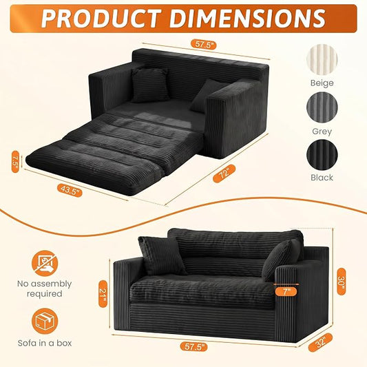 Erament Boneless Loveseat Sofa Couch, 2 in 1 Convertible Sofa Bed with Pillows, Fold Out Bean Bag Chair Boneless Floor Couch for Living Room Bedroom Office Lounge Apartment, No Assembly Needed, Black