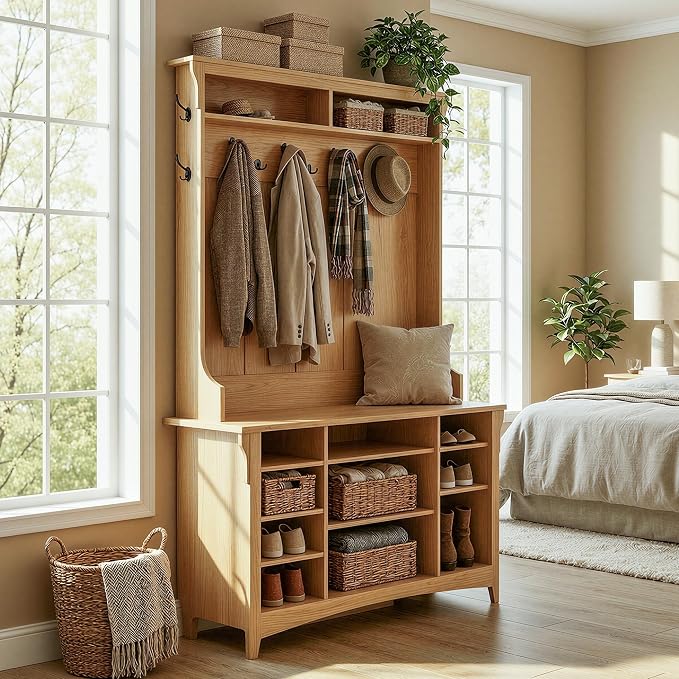 IRONCK 80" H 47" W Large Hall Tree with Bench and Shoe Storage, 6-in-1 Entryway Bench with Coat Rack, Adjustable Shelf, Hanging Hooks, 11 Shoe Cubbies, 2-Tier Top Storage for Entryway and Bedroom, Oak