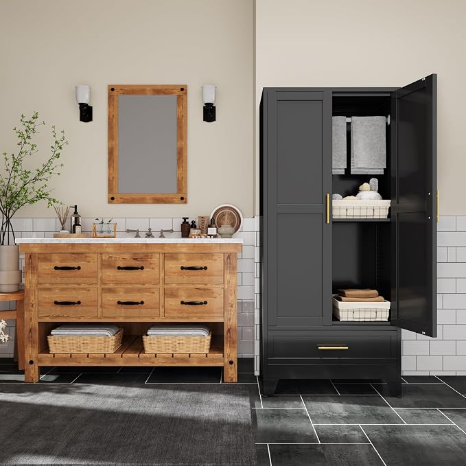 71"H Metal Tall Armoire Wardrobe Closet with Drawer,Household Steel Wardrobe Closet Cabinet with Drawers,Clothing Storage Wardrobes Cabinet with Adjustable Shelves and Hanging Rod For Bedroom