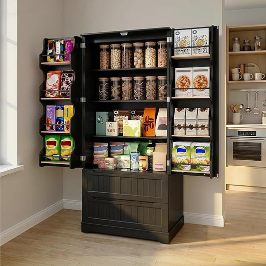 Gizoon 72" Tall Kitchen Pantry Cabinet with Drawers for Dining Room, Food Pantry Storage Cabinet with 8 Doors Shelves for Snack and Spice, Large Craft Storage Cabinet for Craft Room, Black, Painted