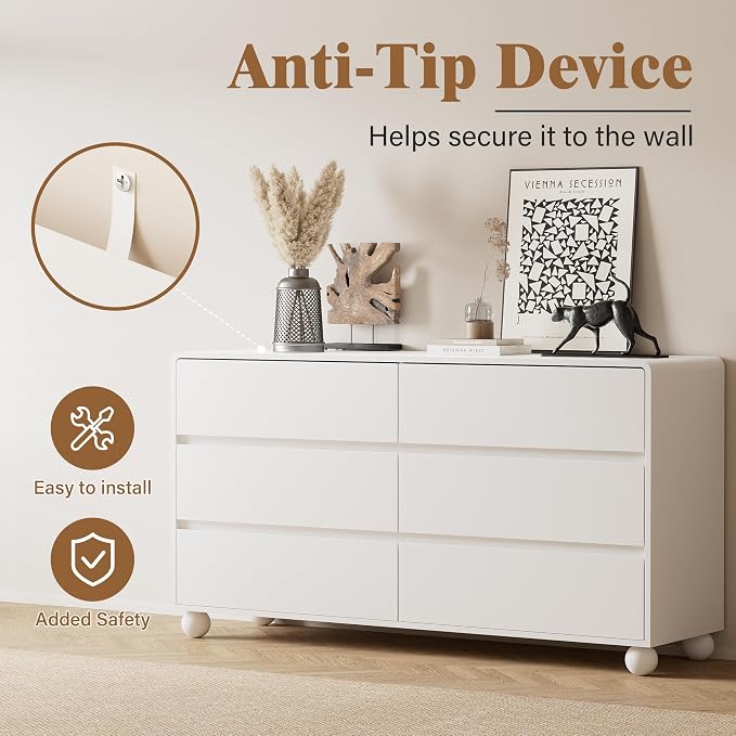 Furniway 3 Piece Bedroom Set, 6 Drawer Dresser and 2 Drawer Nightstand Set of 2 with Round Legs, Modern Wood Chest of Drawers Storage Cabinet for Bedroom, White