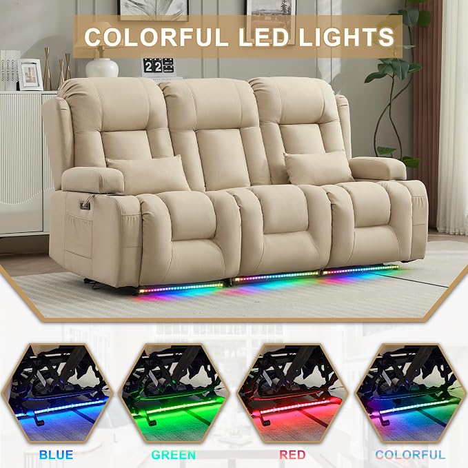 URRED Power Loveseat Recliner Sofa with Massage and Heat, Wall Hugger Reclining Loveseat with Console, RV Couch Home Theater Seating with LED Lights for Living Room (Beige, 76.8" - 3 Seats)