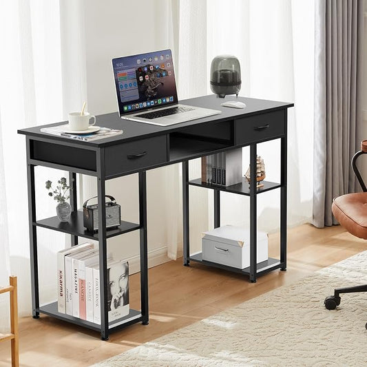 DUMOS 48" Small Computer Home Office Desk for Bedroom with Drawers, Gaming Writing Study Table with Storage Shelf, Adjustable Feet, Compact Desk for Gaming and Home Office Use, Black