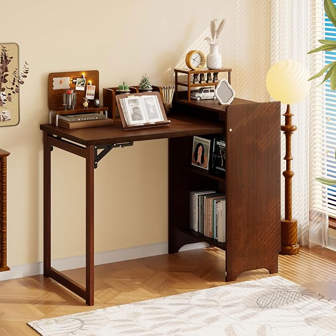 HDDFER Bamboo Folding Desk for Small Spaces,Hidden Desk with Storage Shelf, Foldable Computer Desk for Bedroom Home Office, Mid Century Modern Fold Out Table Writing Table, Walnut