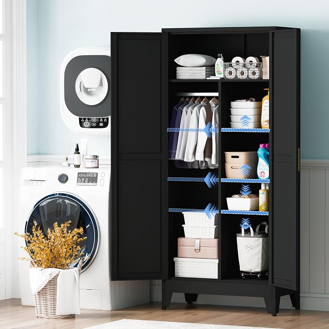 Metal Wardrobe Closet with Doors, 71" H Armoire Wardrobe Closet with 3 Adjustable Shelves and Hanging Rod, Steel Clothing Storage Cabinet for Bedroom, Home, Employee, Gym, Office, Black