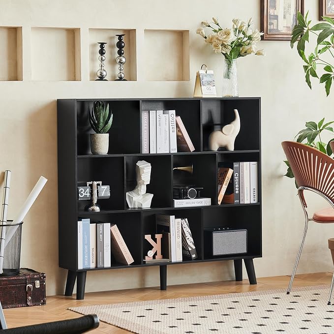 LEYAOYAO 10 Cube Bookshelf,3 Tier Modern Wide Bookcase with Legs,Mid-Century Wood Bookshelves Storage,Black Large Book Case,Freestanding Organizer Display Shelf for Bedroom,Living Room,Office