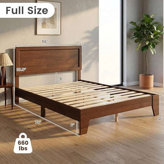 KOMFOTT Full Size Bed Frame, Mid-Century Modern Platform Bed with Headboard, Wooden Slat Support Mattress Foundation, Under-Bed Storage Space, No Box Spring Needed (Walnut,Full)
