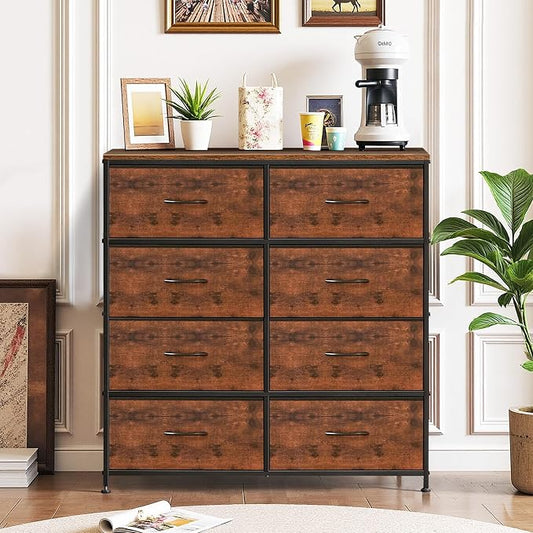 8-Drawer Dresser for Bedroom, Anti-Tip Tall Storage Organizer Chest of Drawers with Wooden Top and Metal Frame Fabric Bins for Closet, Living Room, Hallway, Entryway, Brown